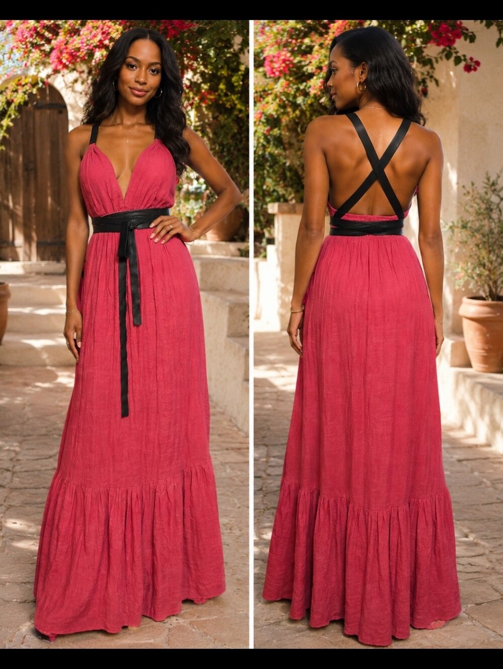 T-bags Los Angeles Women's Deep V Maxi Dress with Black Genuine Leather Tie